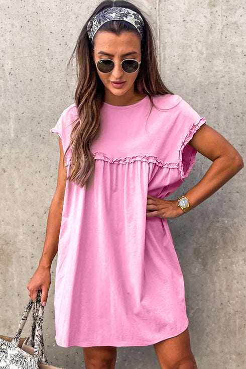 Frilled Trim Crew Neck Loose Fit Mini Dress